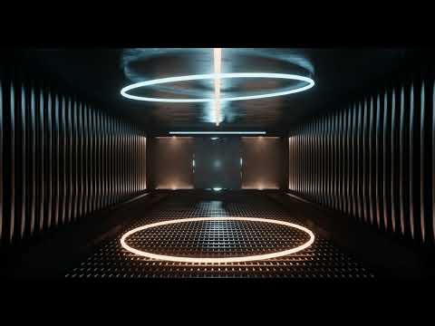 3d rendering metal sci fi corridor with rotating light blue and yellow neon ring  Concept futuristic