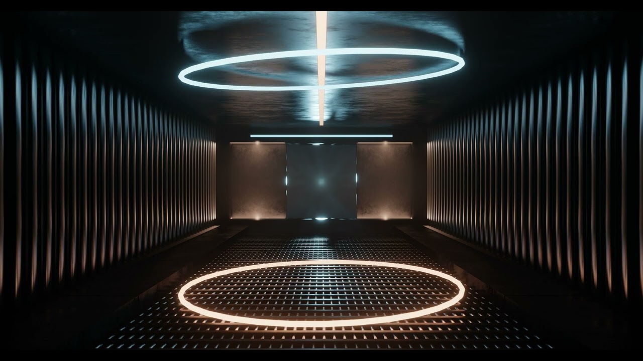 3d rendering metal sci fi corridor with rotating light blue and yellow neon ring  Concept futuristic
