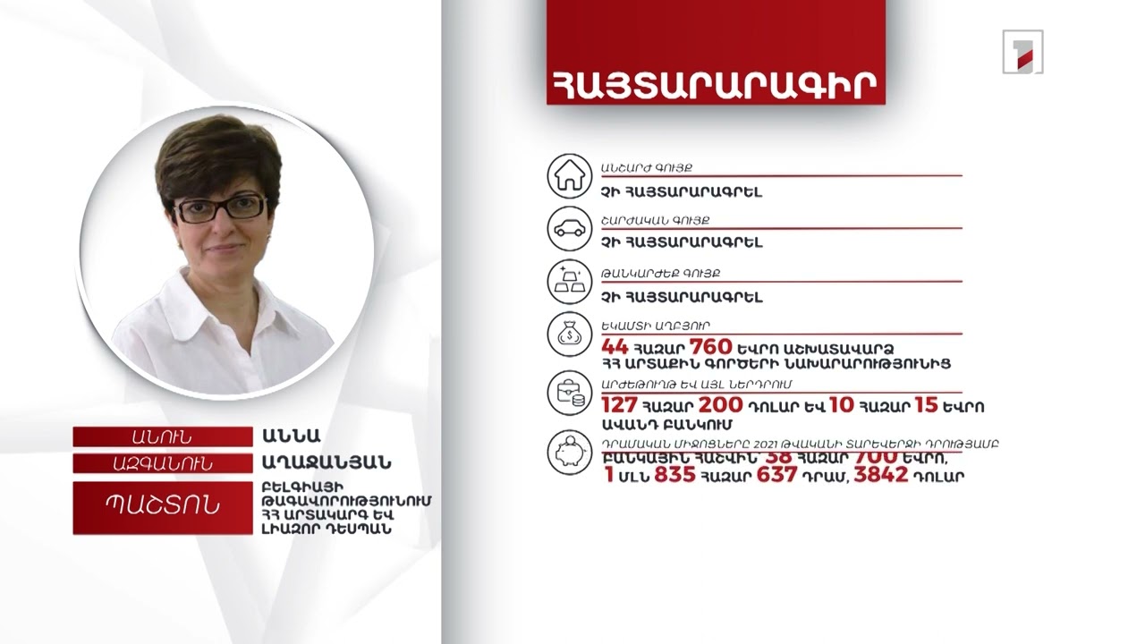 127000 դոլար ավանդ, 44000 եվրո տարեկան եկամուտ. Բելգիայում ՀՀ դեսպան Աննա Աղաջանյանի հայտարարագիրը