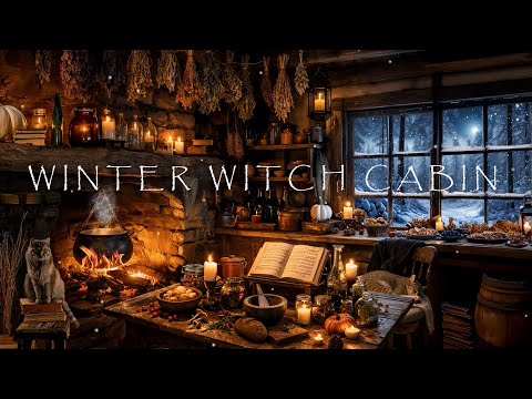 RUSTIC WINTER WITCH CABIN AMBIENCE-CRACKLING FIREPLACE-SOFT WINTER STORM SOUNDS-COZY KITCHEN