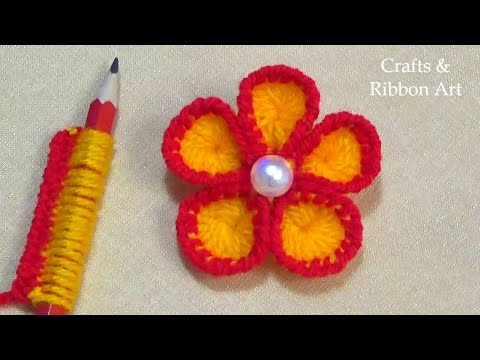 Super Easy Trick with Pencil - Amazing Woolen Flower Making Idea - Hand Embroidery Flower Design