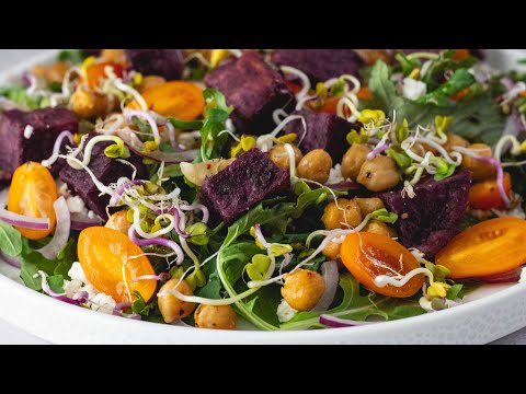 Roasted Purple Potato & Chickpea Salad with Sweet Chili Lime Dressing