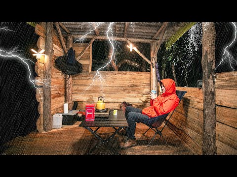 Surviving a Thunderstorm in a Abandoned Shelter - Camping in Heavy Rain