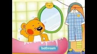 Super Teddy S6E7: Learn: Living room, sofa, bedroom, pillow, quilt, kitchen, pan, bathroom, mirror