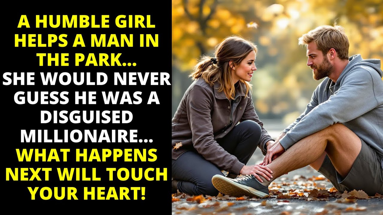 A HUMBLE GIRL HELPS A MAN IN THE PARK, NOT KNOWING HE IS A DISGUISED MILLIONAIRE.