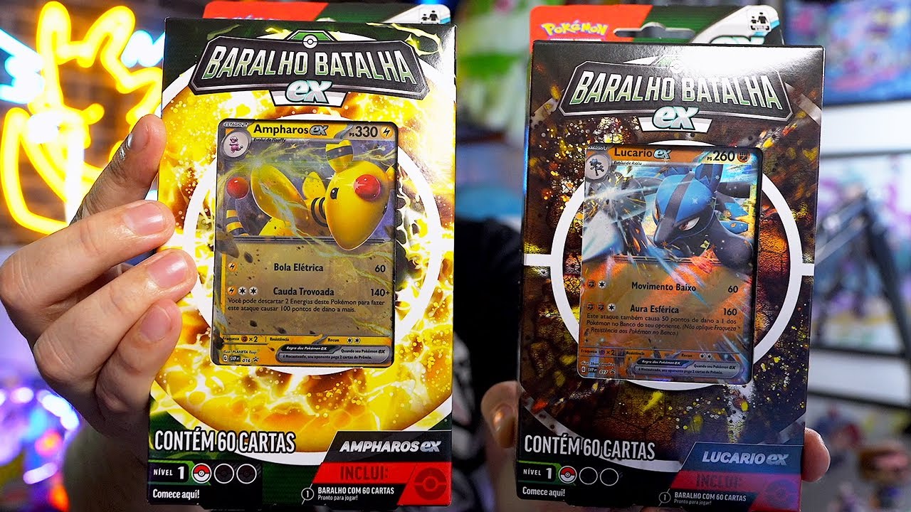 NOVOS DECKS INICIAIS! Unboxing do Baralho Batalha EX do Ampharos e do Lucario - TIUSAM CARTA POKEMON