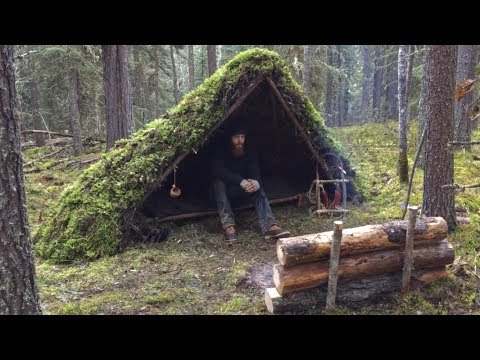 Winter Bushcraft Shelter Build - Overnight Camping, Raised Bed, Natural Shelter, Fire Reflector