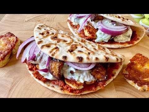 Greek Halloumi Souvlaki | Delicious flatbread with cheese eggplant and tzatziki