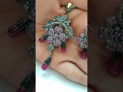 Real diamonds 20k ruby diamond flower victorian handmade sil...