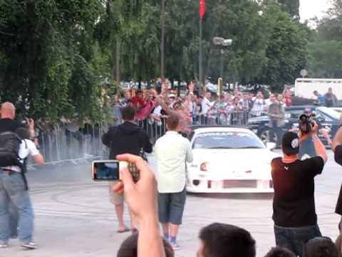 Gumball 3000 in Belgrade - Toyota Supra making doughnuts in the car park