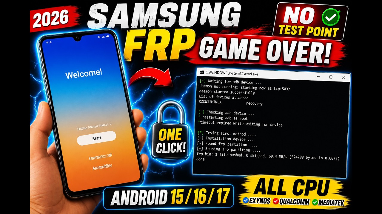 CMD ADB Remove FRP Android 15/16/17 Latest 2026 – Fix Relock Problem New Method