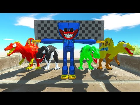 Spino Vs T-rex Superhero Vs Huggy Wuggy Race Championship Marvel Dc - Animal Revolt Battle Simulator