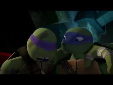 Leo, Raph, and Mikey laugh at Donnie because he is hurt by a monkey