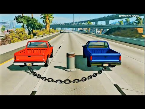 Chained Cars and Trucks vs Bollards Reverse#1 - BeamNG Drive