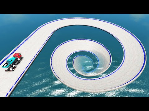 Impossible Spiral Bridge Crossing Stunt Cars Vs Cliff and Deep Water - BeamNG.Drive