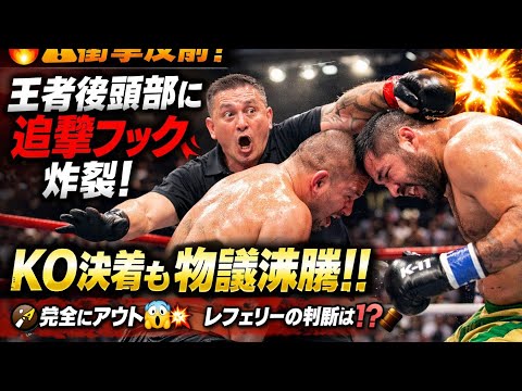 🔥⚠️ブレイク直後の衝撃反則！王者後頭部に“追撃フック”炸裂で騒然…KO決着も物議沸騰のヘビー級タイトル戦💥🥊