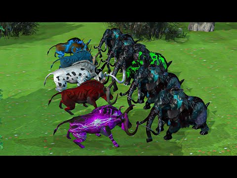 5 evil buffalo vs 5 black mammoth elephant animals revolt battle simulator cartoon videos