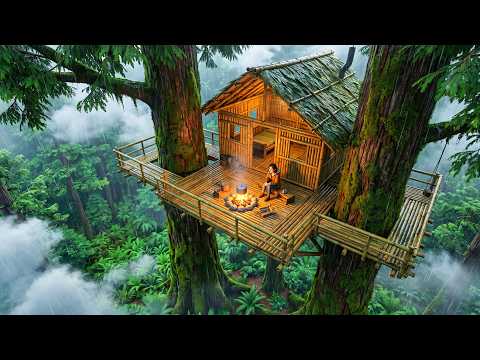 Alone in the Rainforest She Built a Hidden Bamboo Tree House in the Storm | Asmr Jungle Survival
