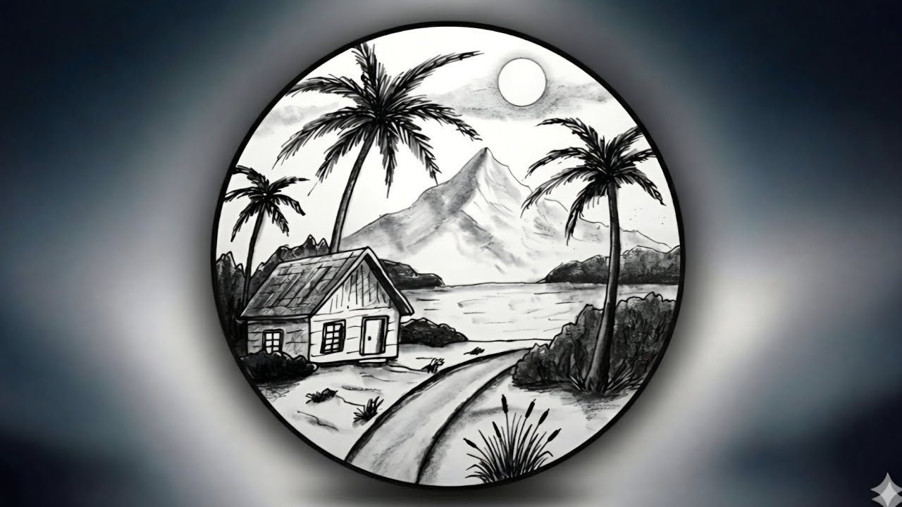 Easy Landscape Drawing for Beginners | Pencil Scenery Step by Step 🌴🏡