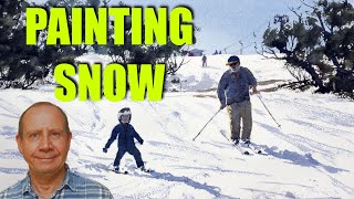 Painting snow and figures with watercolors. Trees and shadows in snow watercolour painting. Skiing.