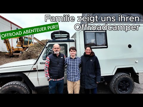 Sympathische Familie präsentiert ihren Mercedes 290 GD mit Campingkabine