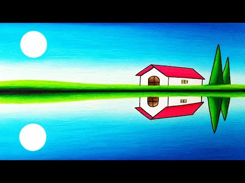 How to Draw Easy Scenery of a House in the Reflection | Simple Riverside House Scenery Drawing