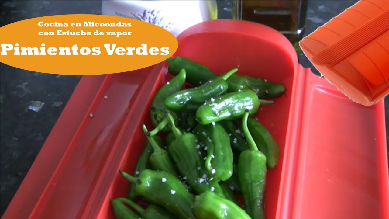Pimientos verdes. Pimientos padrón. Cocina en micoondas con estuche de vapor Lékué