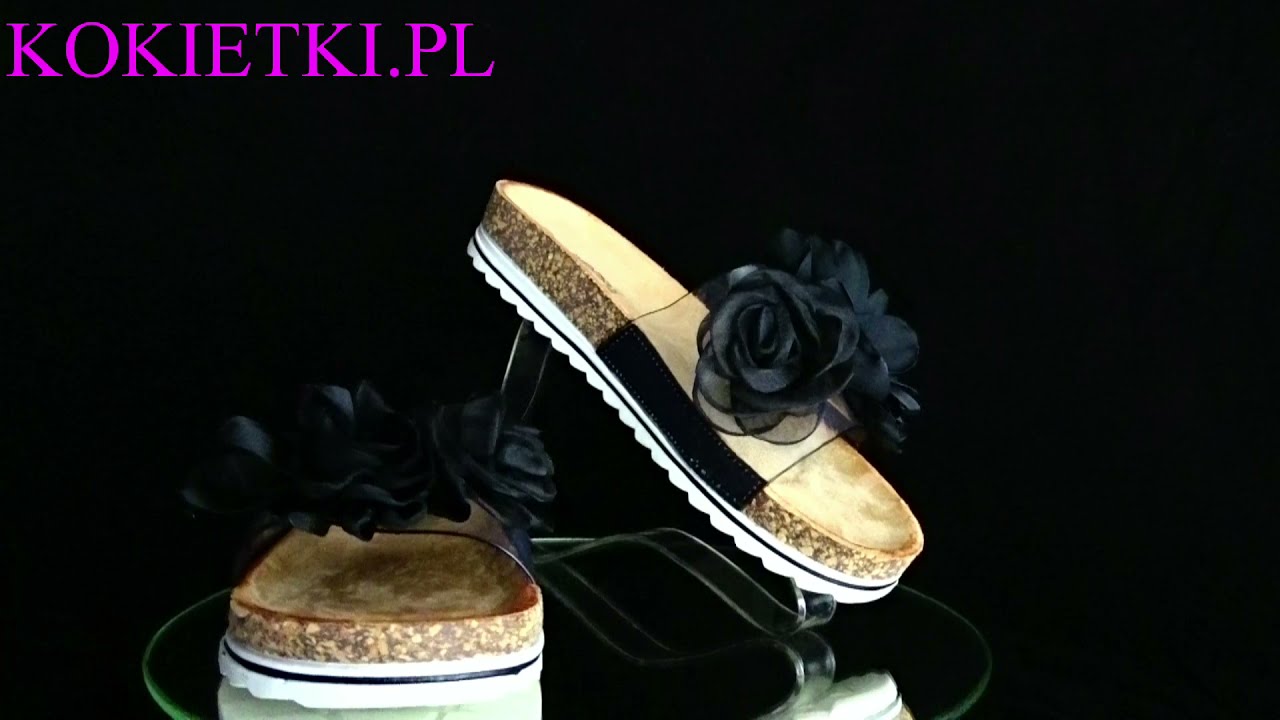 Czarne klapki na korku z kokardą buty damskie  3980