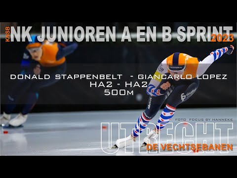 Donald Stappenbelt - Giancarlo Lopez 500m zondag NK Junioren Sprint Utrecht 2023