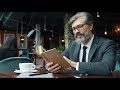 Mature Man In Glasses And Suit Reading Book At Table In Restaurant Focused On Literature