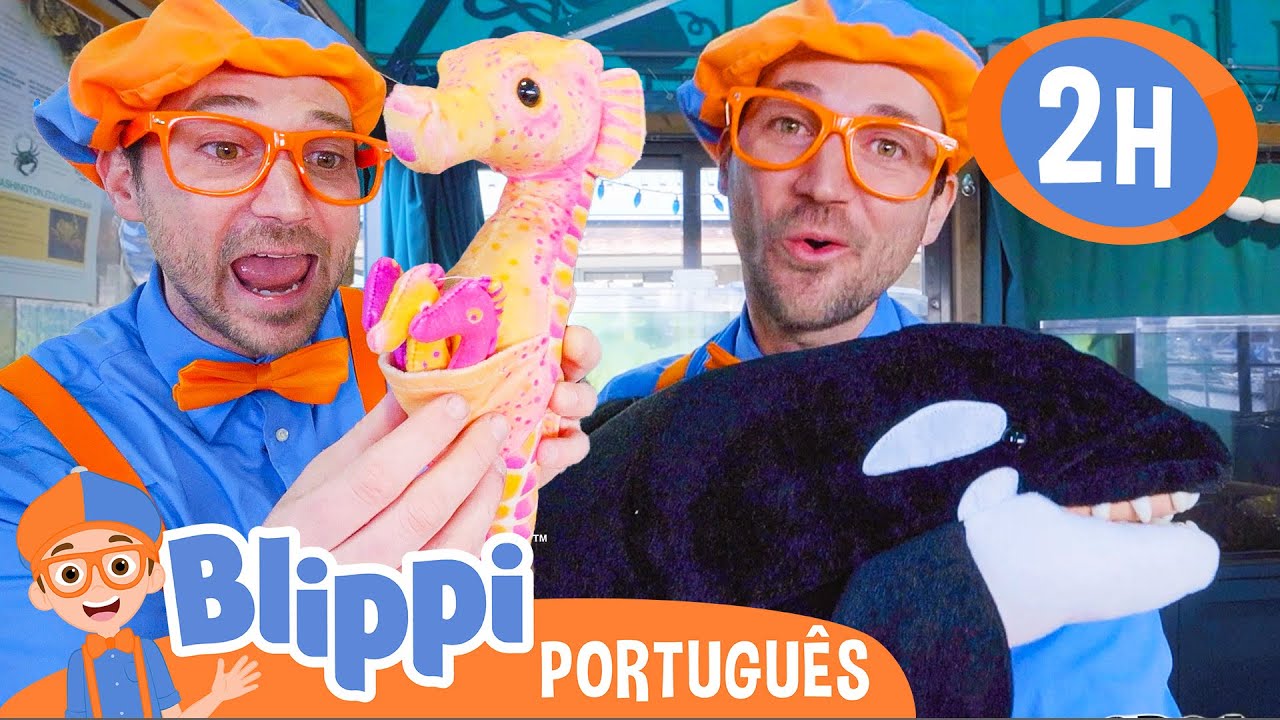 Blippi Visita Animais no Aquário! | 🐳 MARATONA DE ANIMAIS COM BLIPPI! 🟠 | Vídeos Educativos