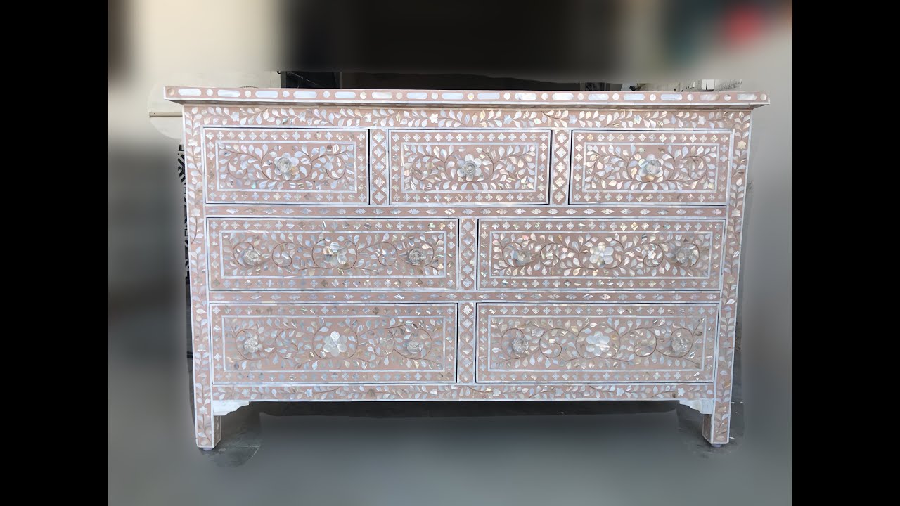 Luxury Handicrafts Pale Pink Mother Of Pearl Inlay Chest of 7 Drawers