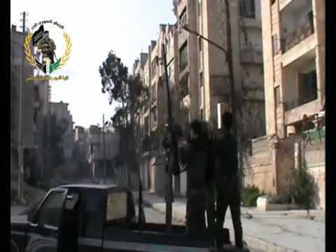 كتيبة الشهيد رفعت خليل أبو النصر تتصدى للطيران المروحي في حي العامرية في حلب بواسطة رشاش 14