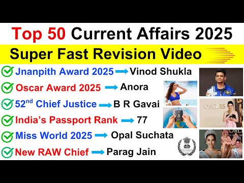 Last 6 Months Current Affairs 2025 | Current Affairs 2025 | Top 50 Important Current Affairs 2025