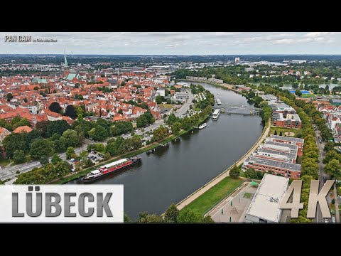 Lübeck, Germany: St. Jürgen, Altstadt, Kanaltrave - Aerial Pan - Luftpanorama - 4K UHD - 0387