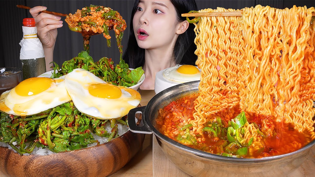 ASMR MUKBANG | 야식은 역시 비빔밥에 라면 ☆ 시골에서 따온 열무로 만든 열무비빔밥 🔥 더핫열라면 먹방! Ye