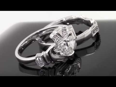 Claddagh Engagement & Wedding Ring Set with Pear-Shaped Diamonds