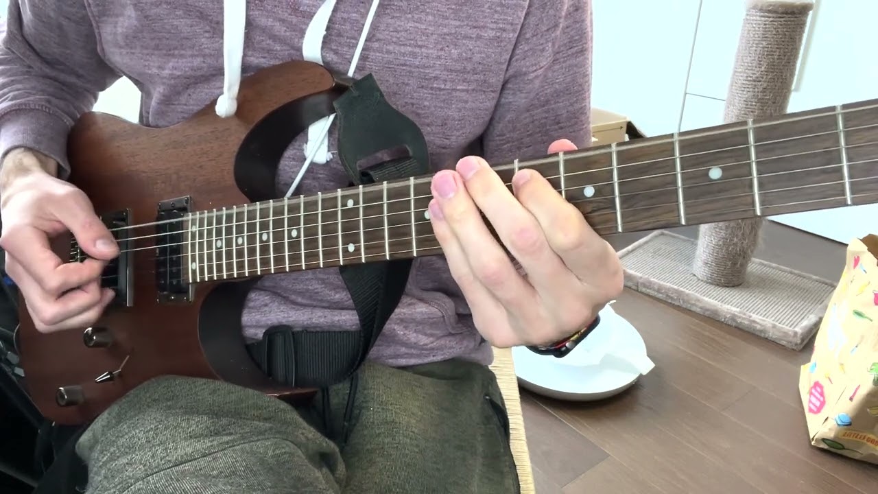 Guitar close-up playing the intro riff to Paul Gilbert's Silence Followed By A Deafening Roar
