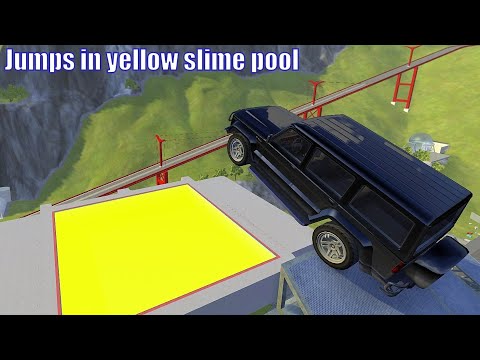 Tower Diving High Speed Jumps In Yellow Slime Pool - BeamNG.drive Crazy Jumps