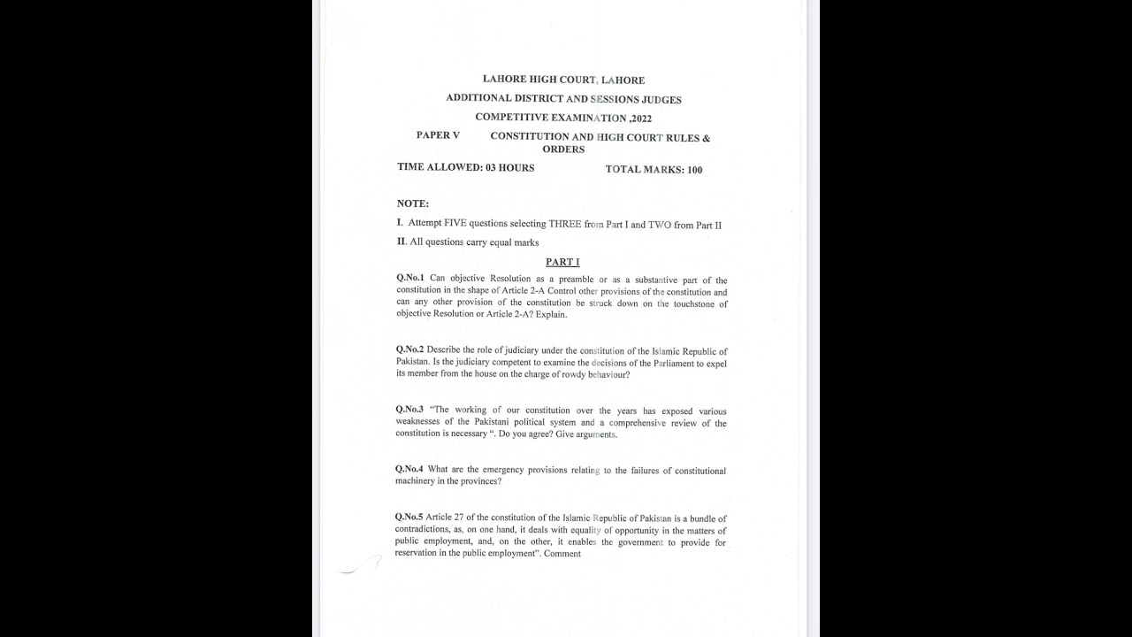 Additional District& Session Judge Past Paper 2022.      Constitution and High Court Rule and Order