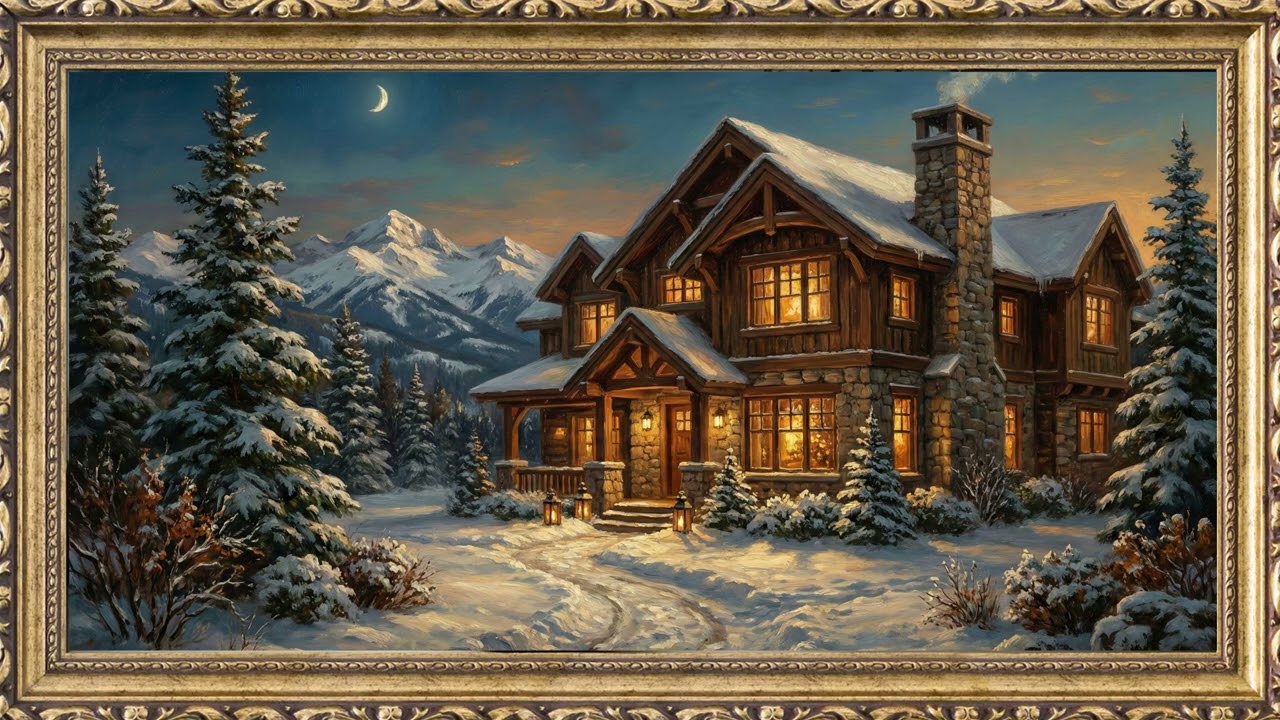 Cozy Mountain Chalet Twilight Gold Frame TV Art Screensaver | 2 Hours 4K — 4K ambient art screensaver in baroque gold frame