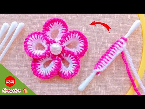 Amazing Woolen Flower Making Ideas with Cotton Buds | Hand Embroidery Easy Trick | DIY Woolen Flower