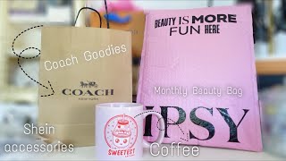 COFFEE & A LITTLE UNBOXING ✨COACH GOODIES + SHEIN ACCESSORIES + IPSY BEAUTY BAG
