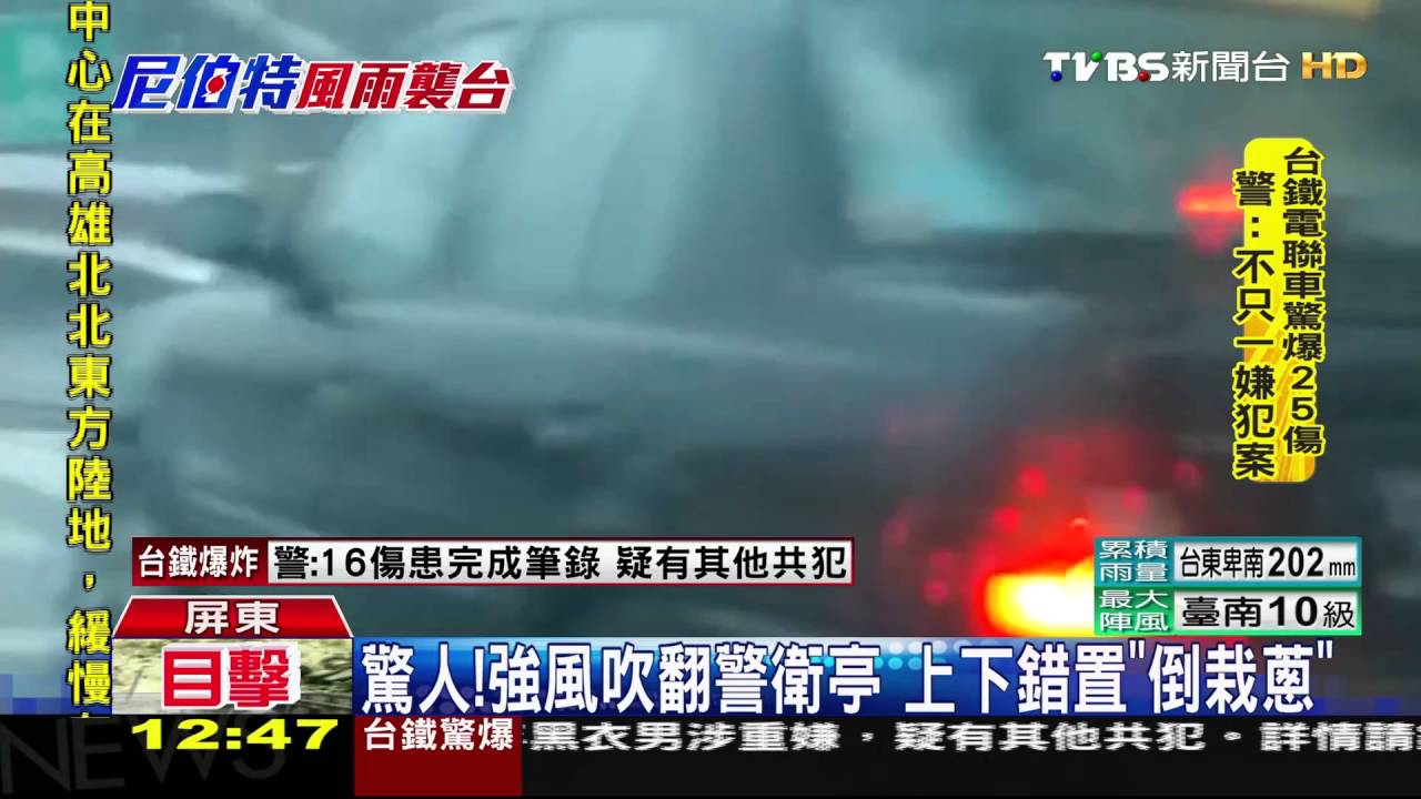 強風吹！屏市警衛亭「倒栽蔥」　鐵架招牌亂砸