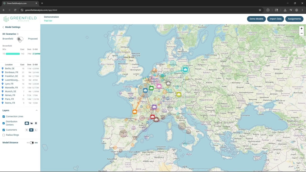 Greenfield Analysis showing a distribution network on a map, with distribution centers sited and a scenario comparison panel