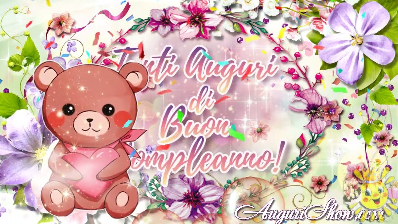 Auguri di BUON COMPLEANNO con Orsetto e Fiori! Cartolina Animata