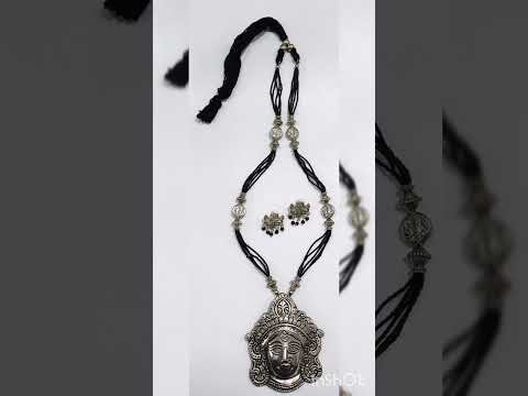 German Silver Designer Lord Durga Pendant with Black Dori Long Necklace with Designer Stud Earring