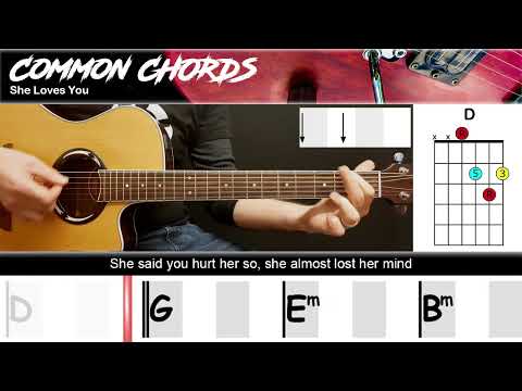 She Loves You - The Beatles | EASY GUITAR LESSON | Scrolling Chords & Lyrics