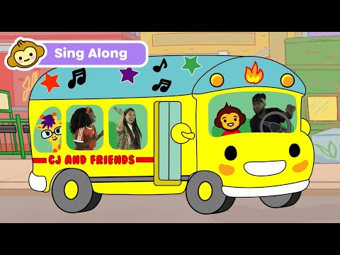 Bright yellow cartoon school bus with a smiling front, passengers inside waving and singing, 'CJ and Friends' on the side and a 'Sing Along' banner at the top.