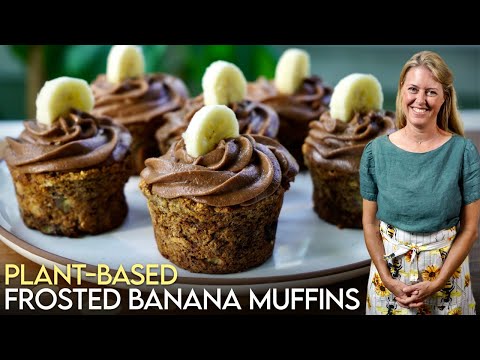 Plant-Based Banana Muffins w/ Chocolate Peanut Butter Frosting - Must Try!